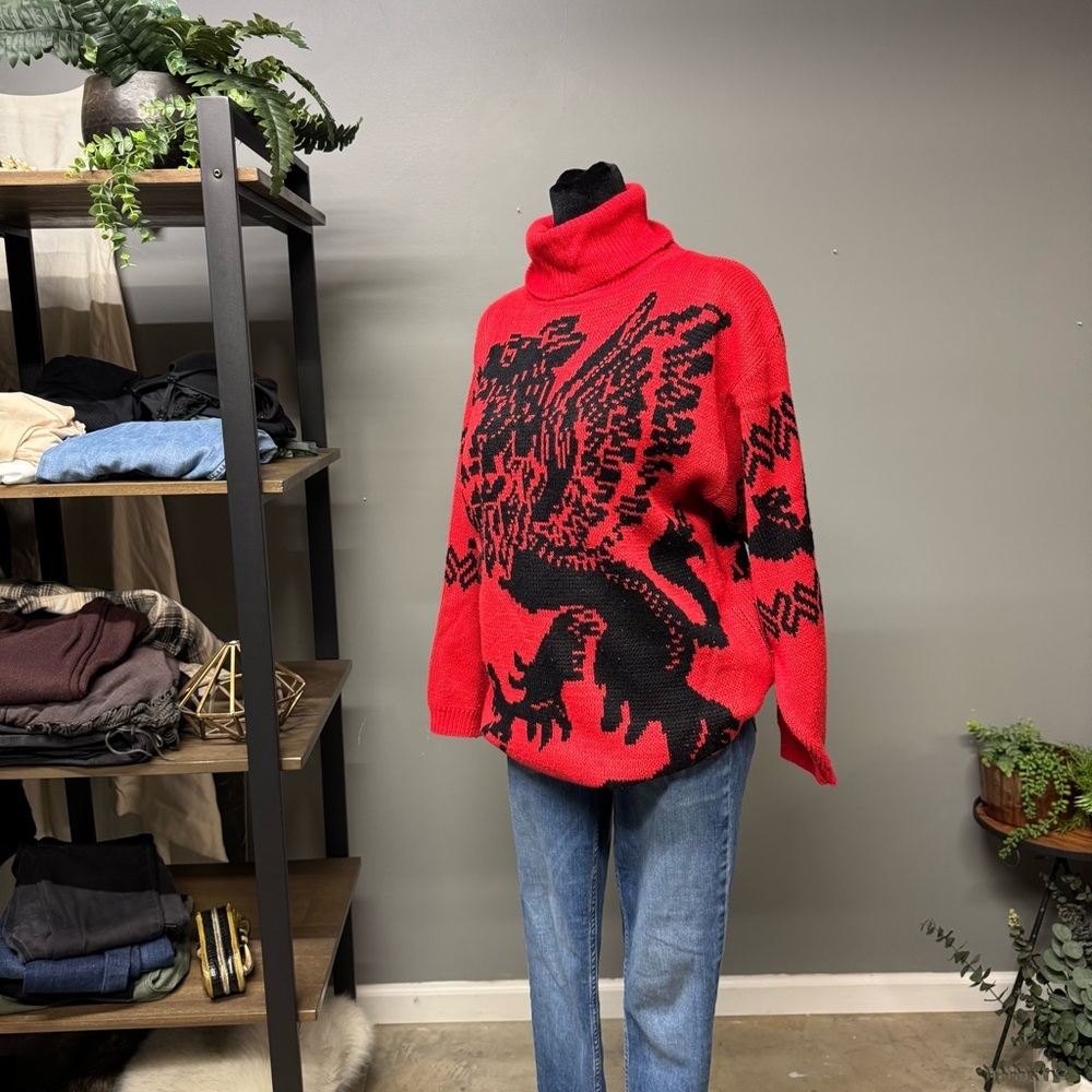 Vintage griffin red black knit Sweater Eas turtleneck 1980s unisex fantasy - Picture 3 of 6